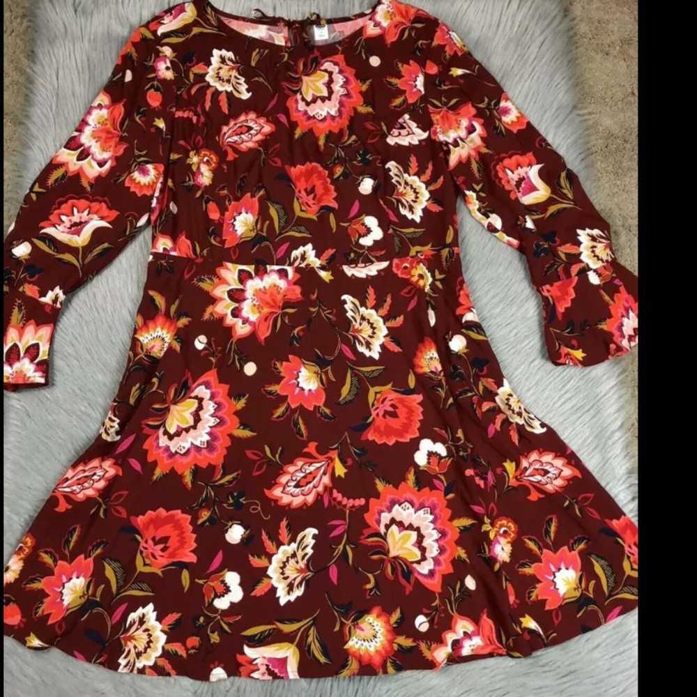 Old Navy Burgundy Floral A Line Woven Rayon Dress Sz 14